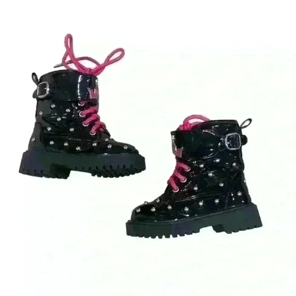 DISNEY CRUELLA DE VIL Black Patent Leather Studded Kids Boots‎ Shoes Pink Size 7 - Picture 3 of 6